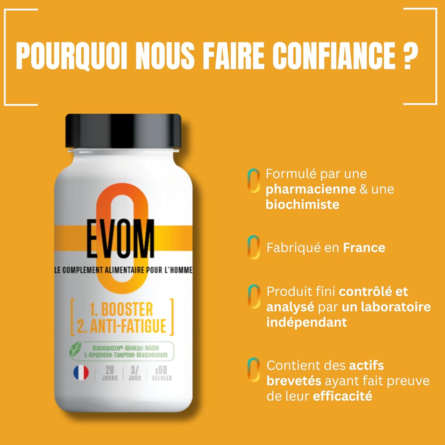 EVOM Men's Anti-Fatigue Booster – Physical Energy and Mental Tone – Magnesium (26% VNR), Bacopa BACOGNIZE, Ginkgo, NADH, Amino Acids – 20 Day Cure – Food Supplement For Men - Image 10