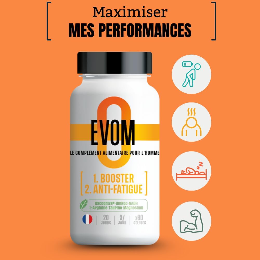 EVOM Men's Anti-Fatigue Booster – Physical Energy and Mental Tone – Magnesium (26% VNR), Bacopa BACOGNIZE, Ginkgo, NADH, Amino Acids – 20 Day Cure – Food Supplement For Men - Image 12
