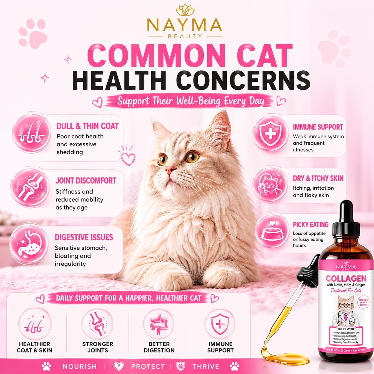 Collagène Liquide pour Chats avec Biotine, MSM et Gingembre, Soutien Articulaire, Peau et Pelage, Santé Digestive, Goût Saumon, 60 ML - Image 3