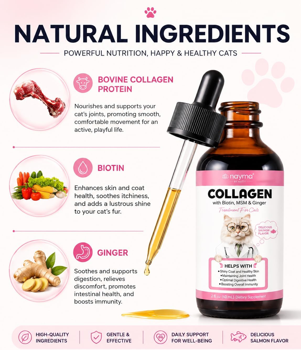 Collagène Liquide pour Chats avec Biotine, MSM et Gingembre, Soutien Articulaire, Peau et Pelage, Santé Digestive, Goût Saumon, 60 ML - Image 4