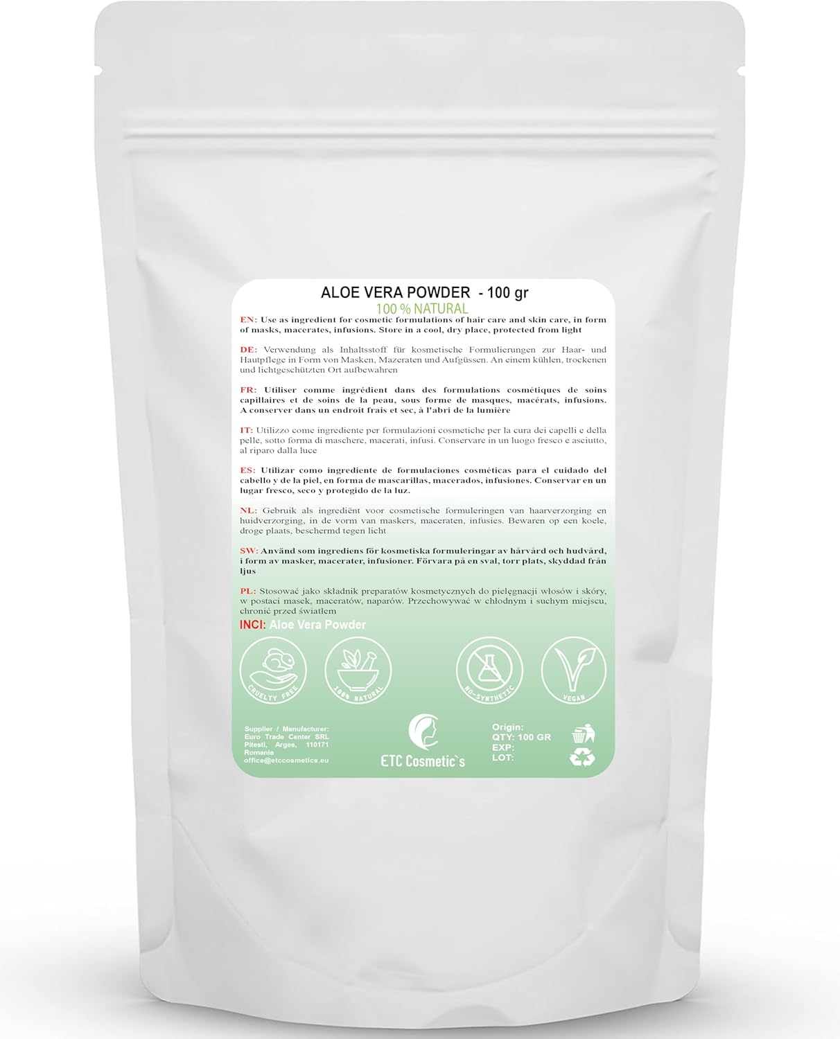 Aloe Vera Powder - 100g - Face Masks, Body Mask, Hair Mask, Promotes Hair Growth, Moisturizing, Natural & Chemical Free - Image 3