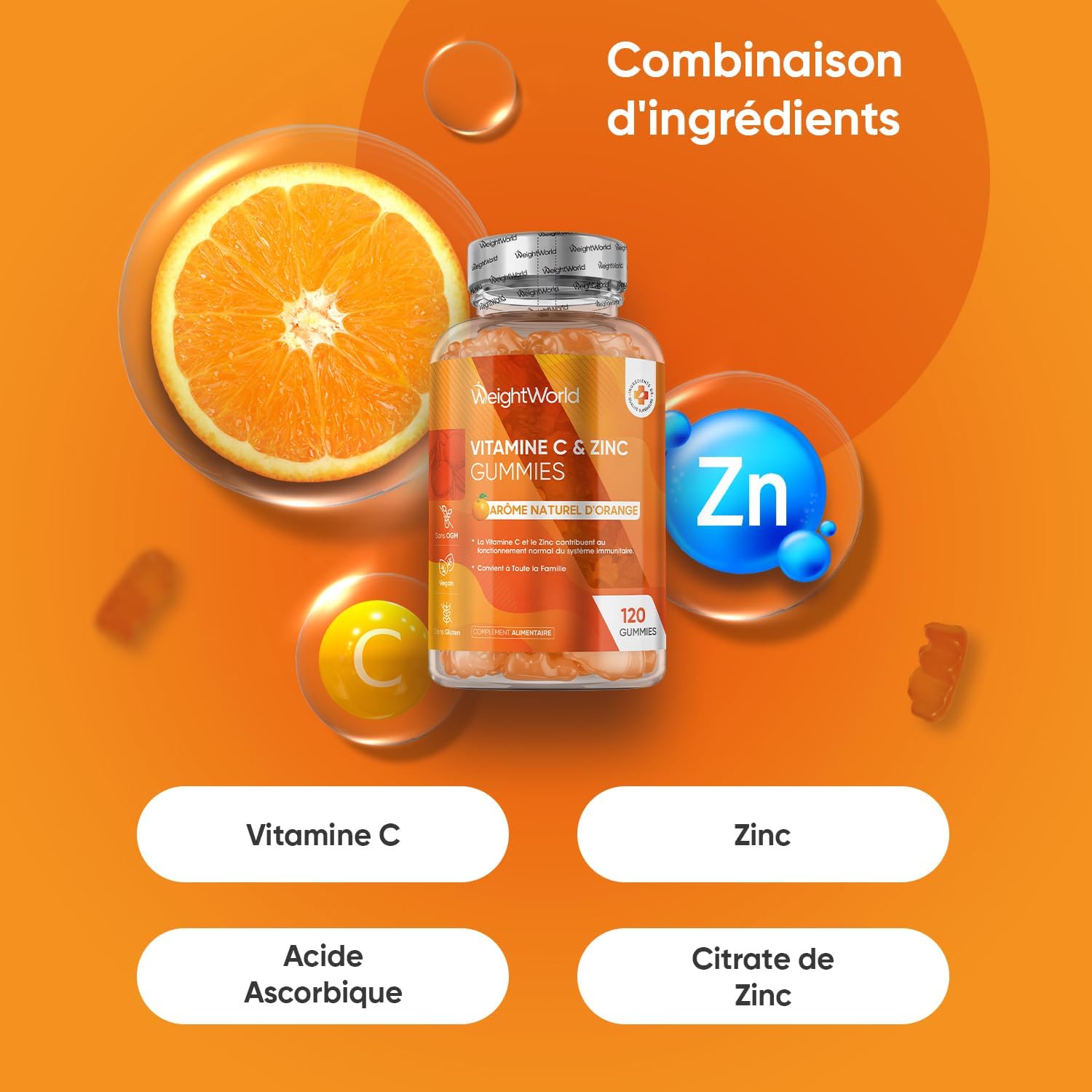 Vitamin C Gummies with Zinc, 120 Vegan Gums, for Adults and Children from 3 Years with Natural Orange Flavor, 200mg Vit C Ascorbic Acid with 6mg Zinc - Image 3