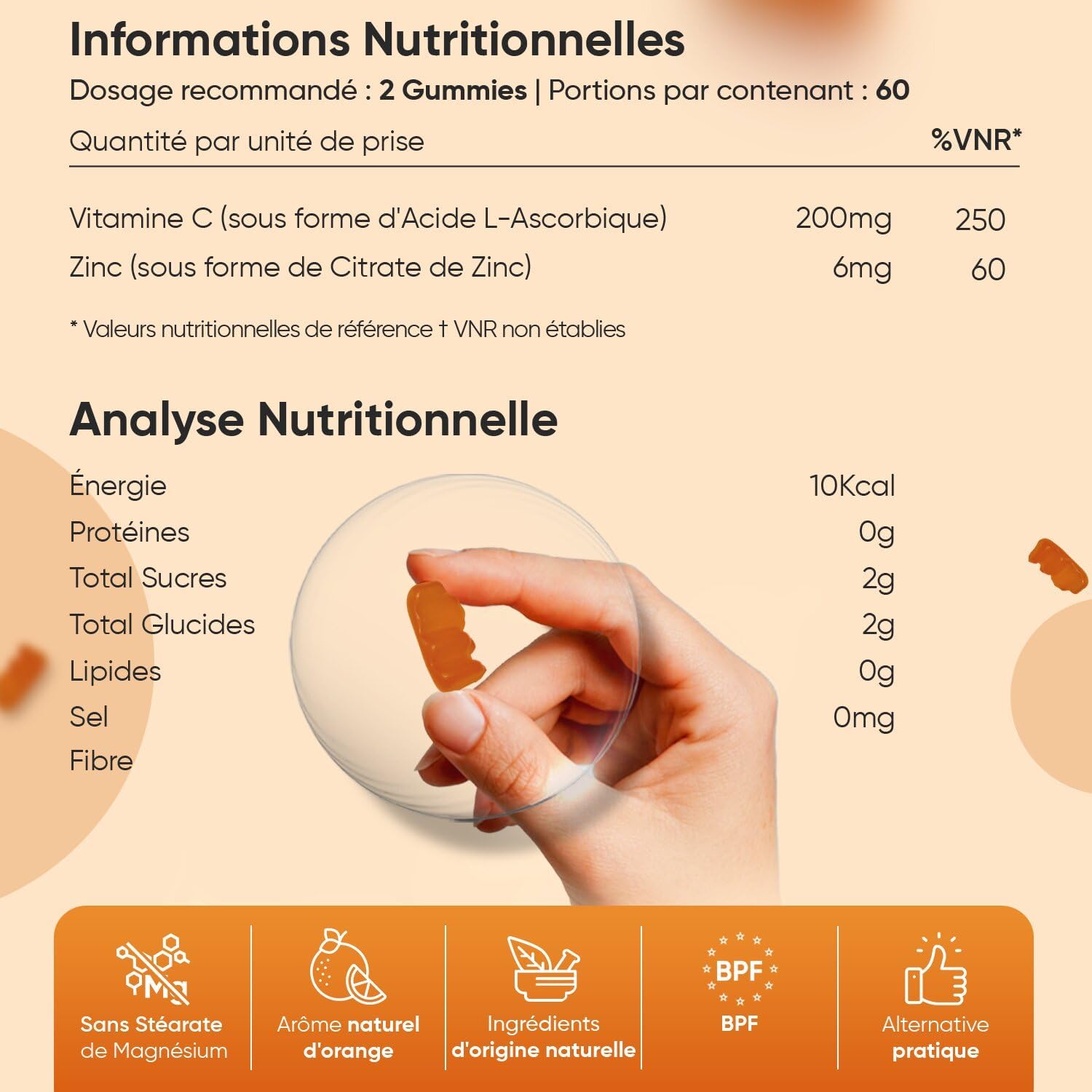 Vitamin C Gummies with Zinc, 120 Vegan Gums, for Adults and Children from 3 Years with Natural Orange Flavor, 200mg Vit C Ascorbic Acid with 6mg Zinc - Image 4