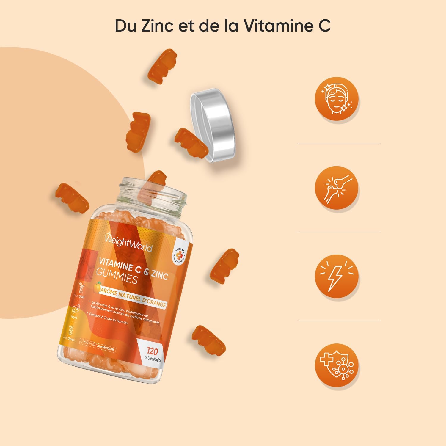 Vitamin C Gummies with Zinc, 120 Vegan Gums, for Adults and Children from 3 Years with Natural Orange Flavor, 200mg Vit C Ascorbic Acid with 6mg Zinc - Image 7