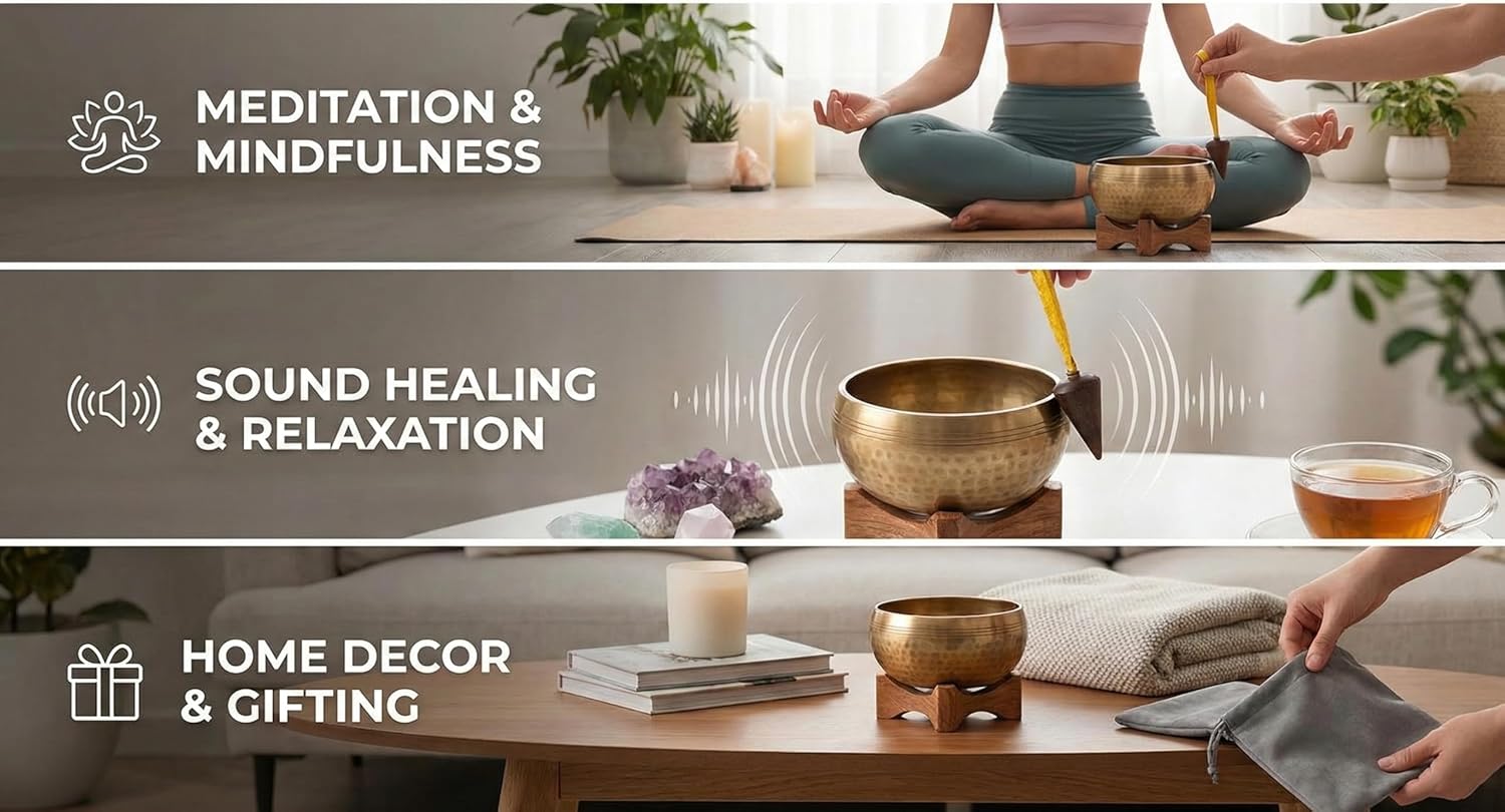 Tibetan Mini Bowl for Meditation and Relaxation, 3 Pieces Set with Base, Bell, Cloth Bag, for Stress, Sleep and Yoga, Ideal for Purification and Healing, 3.8cm Diameter - Image 5