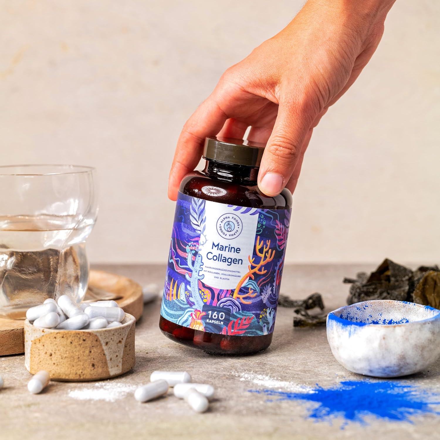 Marine Collagen & Hyaluronic Acid | 160 Capsules | Pure Hydrolyzed Collagen with Blue Spirulina & Marine Elastin | Collagen Peptides (Type I, II, III & IV) | Skin, Hair & Nails | Alpha Foods - Image 3
