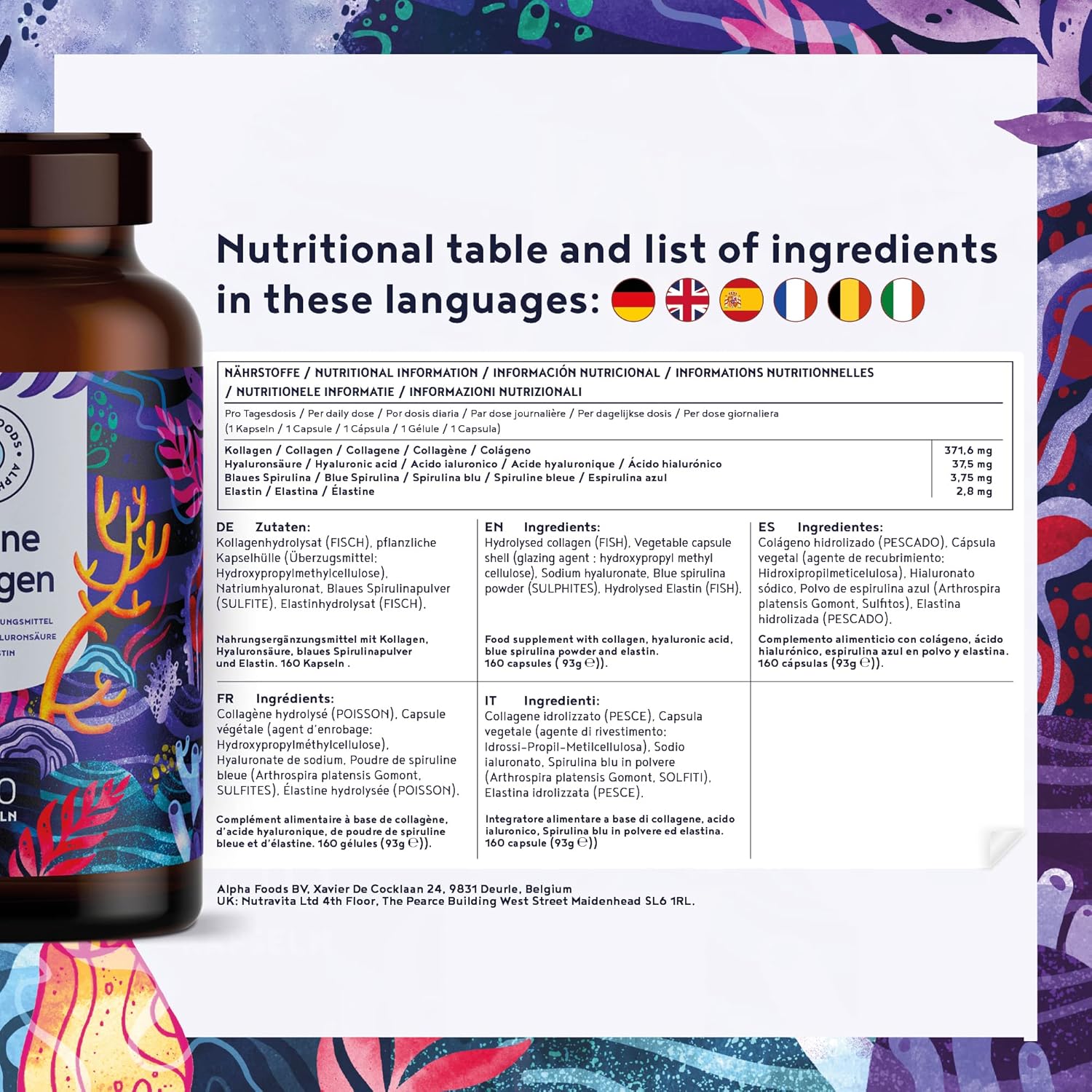 Marine Collagen & Hyaluronic Acid | 160 Capsules | Pure Hydrolyzed Collagen with Blue Spirulina & Marine Elastin | Collagen Peptides (Type I, II, III & IV) | Skin, Hair & Nails | Alpha Foods - Image 4