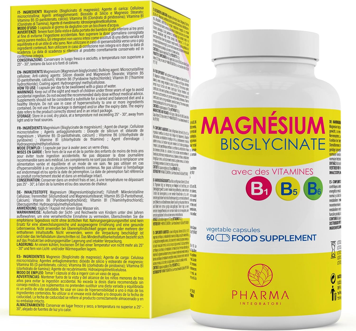 Magnesium Bisglycinate with Vitamins B1 B5 B6 – Energy & Fatigue | 60 vegetable capsules. Magnesium and B vitamins for energy, fatigue, muscles, nervous system and daily balance. - Image 3