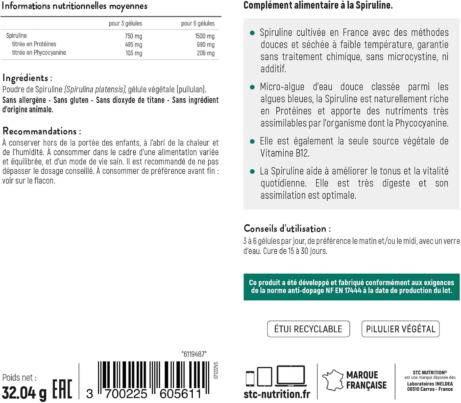 STC NUTRITION - Spirulina 1500 - 100% French spirulina supplement - Rich in protein, iron, phycocyanins & chlorophyll - Vitality, recovery & tone - 90 capsules - Image 3