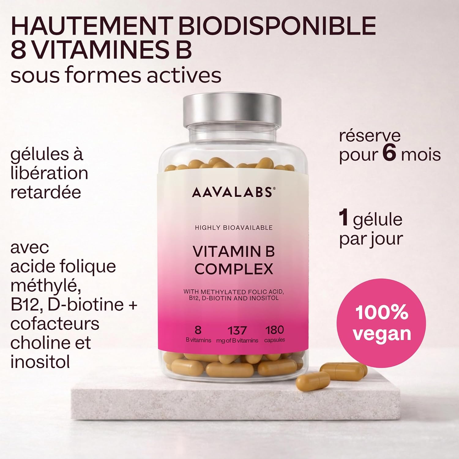 Vitamin B Complex AAVALABS 180 Capsules | Complex of 8 B Vitamins Including Vitamin B12, Vitamin B6, B5, B3, B1 D-Biotin Active Folic Acid (B9) - Vegan Food Supplement for Optimal Energy - Image 3