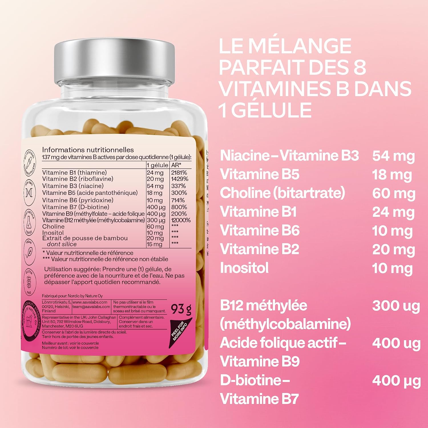 Vitamin B Complex AAVALABS 180 Capsules | Complex of 8 B Vitamins Including Vitamin B12, Vitamin B6, B5, B3, B1 D-Biotin Active Folic Acid (B9) - Vegan Food Supplement for Optimal Energy - Image 6