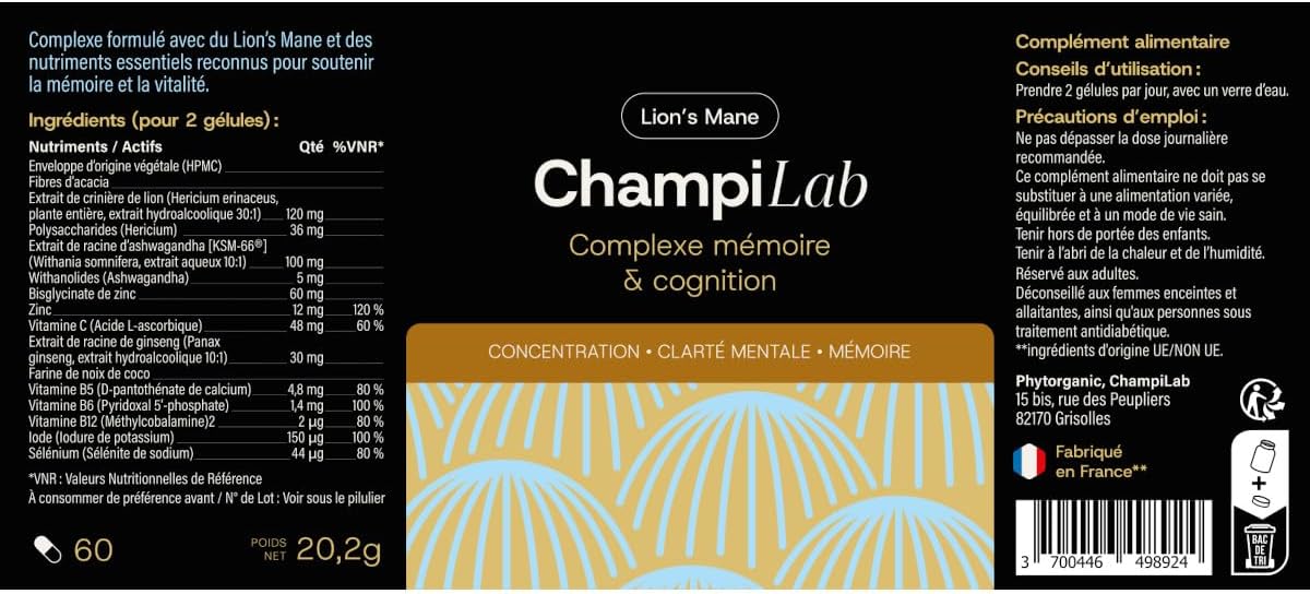Lion's Mane Champilab Memory Complex - 60 Capsules - Natural Supplement Memory, Concentration, Focus and Nervous Balance, Plant Synergy, Vitamins and Minerals - Image 4