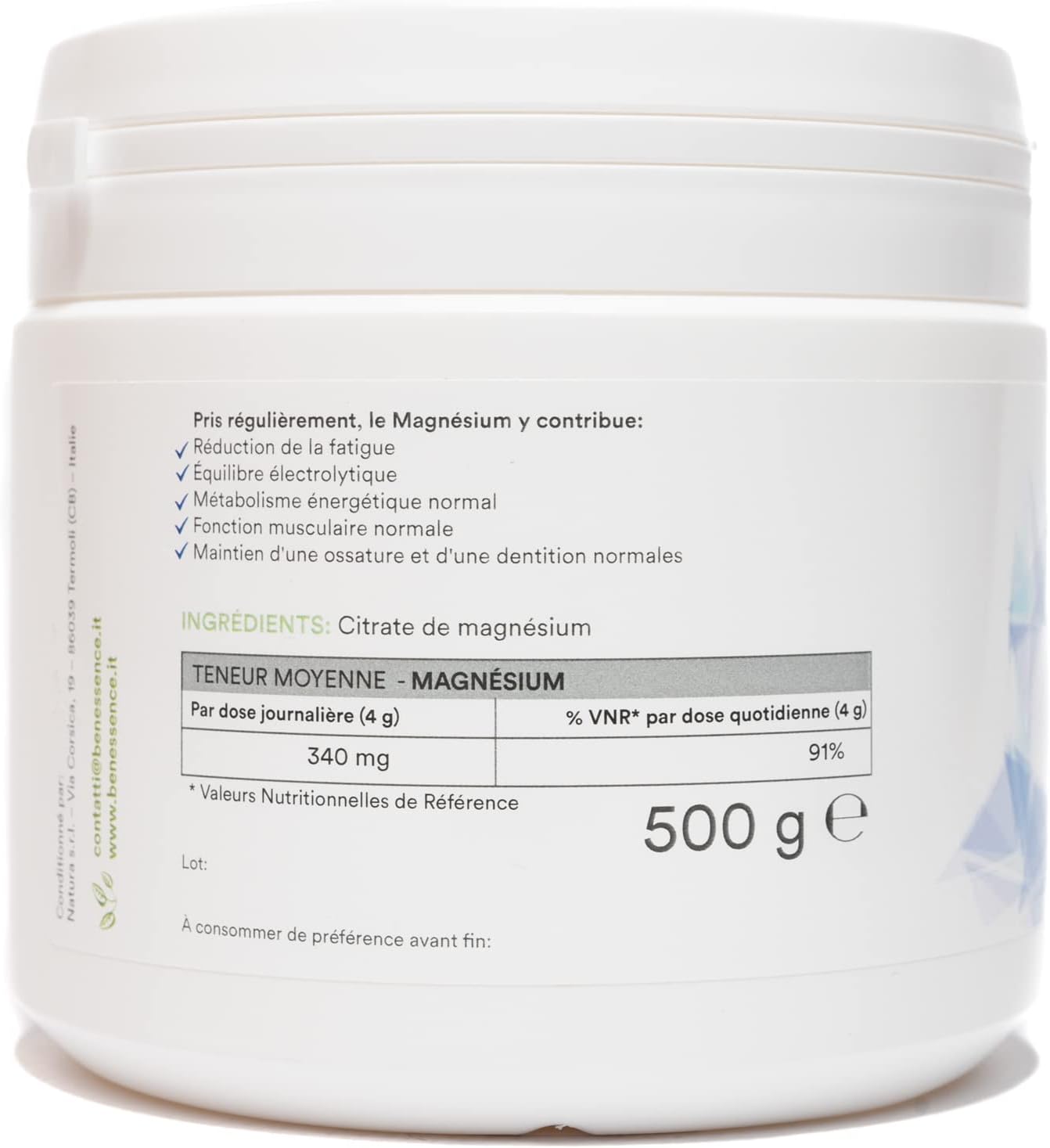 Benessence - Magnesium Citrate Powder Soluble - Food Integrator - Helps reduce fatigue and exhaustion - 125 days integration- 500g - Image 3