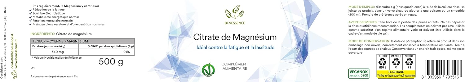 Benessence - Magnesium Citrate Powder Soluble - Food Integrator - Helps reduce fatigue and exhaustion - 125 days integration- 500g - Image 10