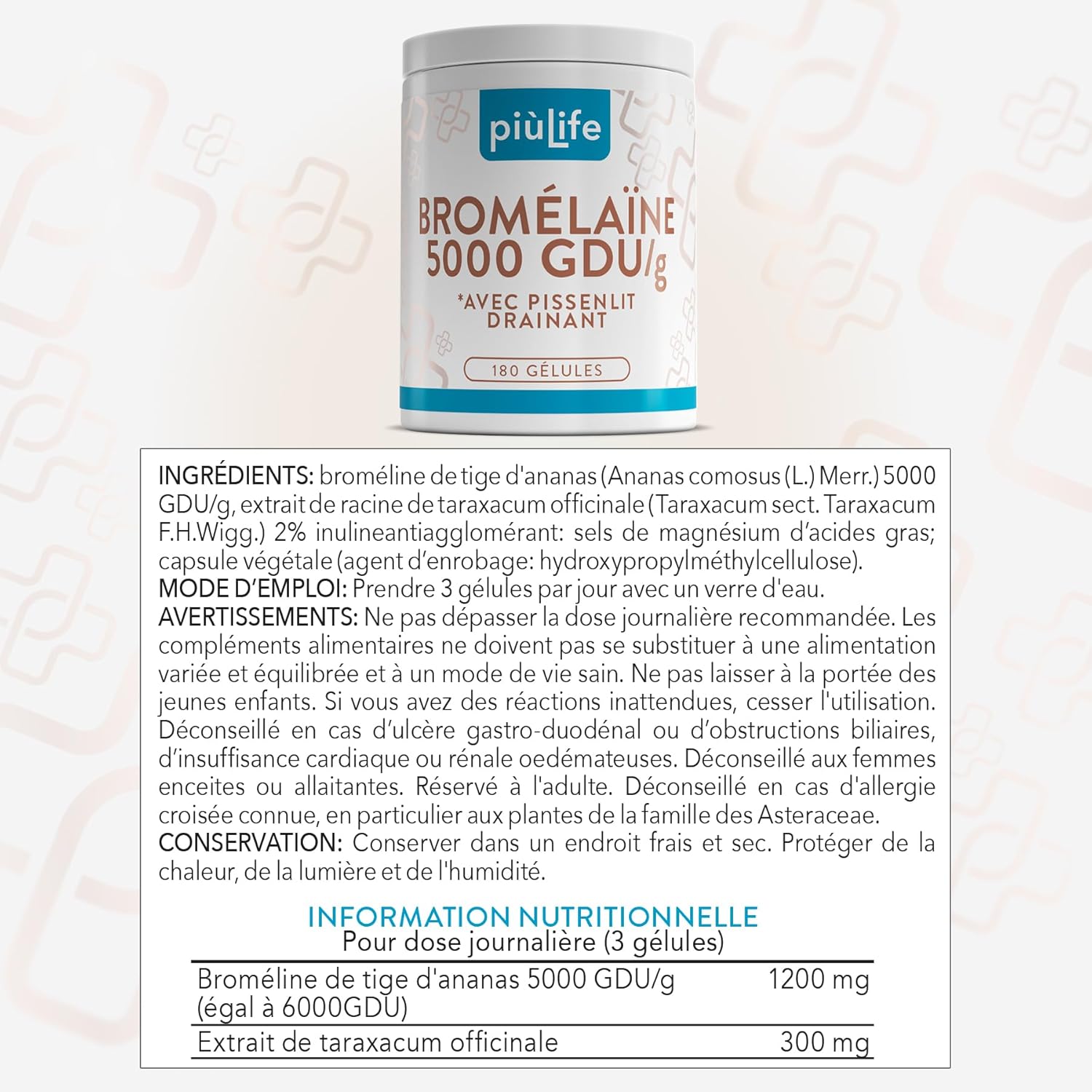 Bromelaine Drainer 5000 GDU/g 360 Capsules PiùLife, 1200mg Bromelain, Natural Draining Dandelion Extract (3 Per Dose), Digestive Enzymes, Digestion, Microcirculation - Image 7