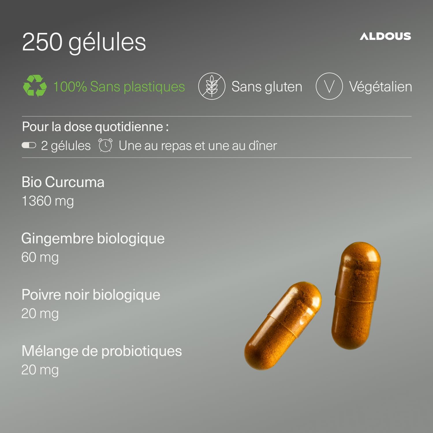 Aldous 250 Probiotics Capsules + Organic Turmeric with Ginger and Black Pepper - 1460mg - Turmeric Based on Curcumin and Piperine - Natural Anti-inflammatory - Advanced Formula - Certified Organic - Image 4
