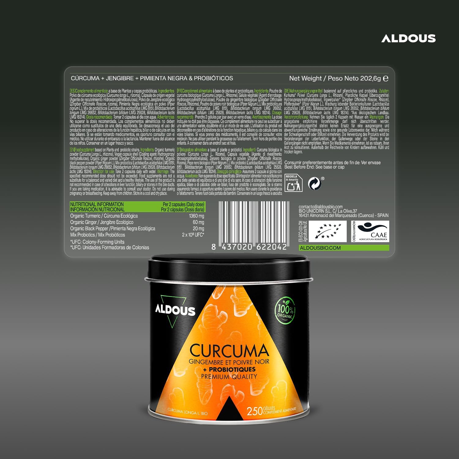 Aldous 250 Probiotics Capsules + Organic Turmeric with Ginger and Black Pepper - 1460mg - Turmeric Based on Curcumin and Piperine - Natural Anti-inflammatory - Advanced Formula - Certified Organic - Image 7