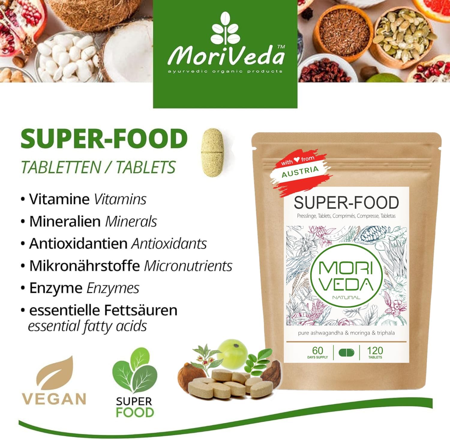 MoriVeda Superfood Tablets 1000mg | Moringa + Ashwagandha + Triphala Blend | Nutrient Supplier for up to 2 Months | 120 Tablets - Image 4