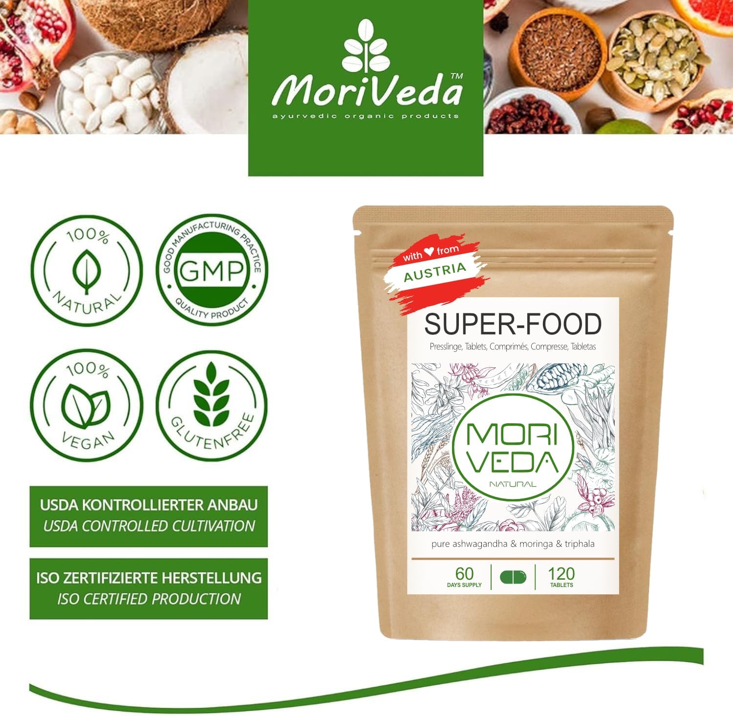 MoriVeda Superfood Tablets 1000mg | Moringa + Ashwagandha + Triphala Blend | Nutrient Supplier for up to 2 Months | 120 Tablets - Image 6