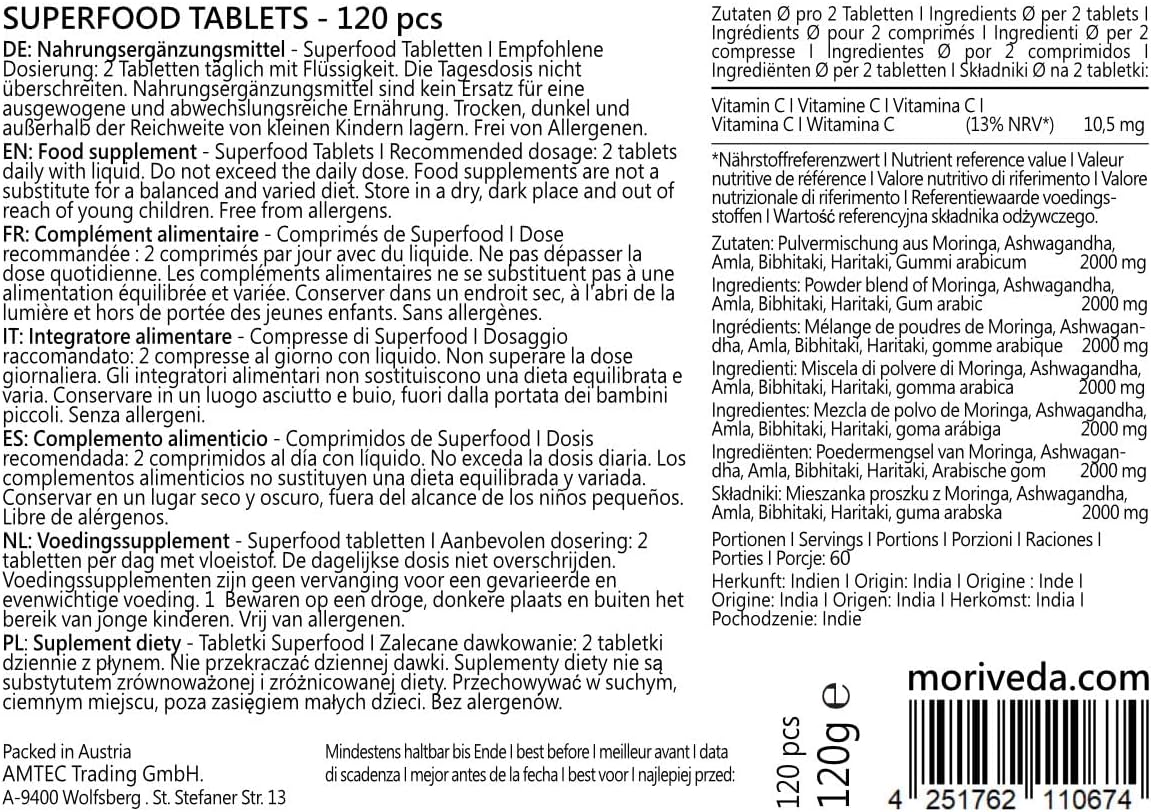 MoriVeda Superfood Tablets 1000mg | Moringa + Ashwagandha + Triphala Blend | Nutrient Supplier for up to 2 Months | 120 Tablets - Image 8