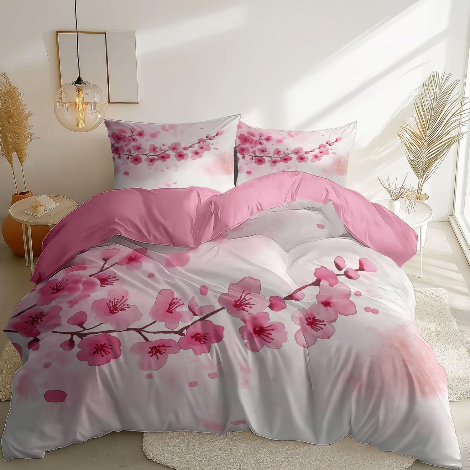 Duvet Cover 140 x 200 cm with 2 Pillowcases – Simple Cherry Blossom Design Reversible Watercolour – Adult Bedding Set Duvet Cover with Zips, Evening Primrose Powder - Image 3