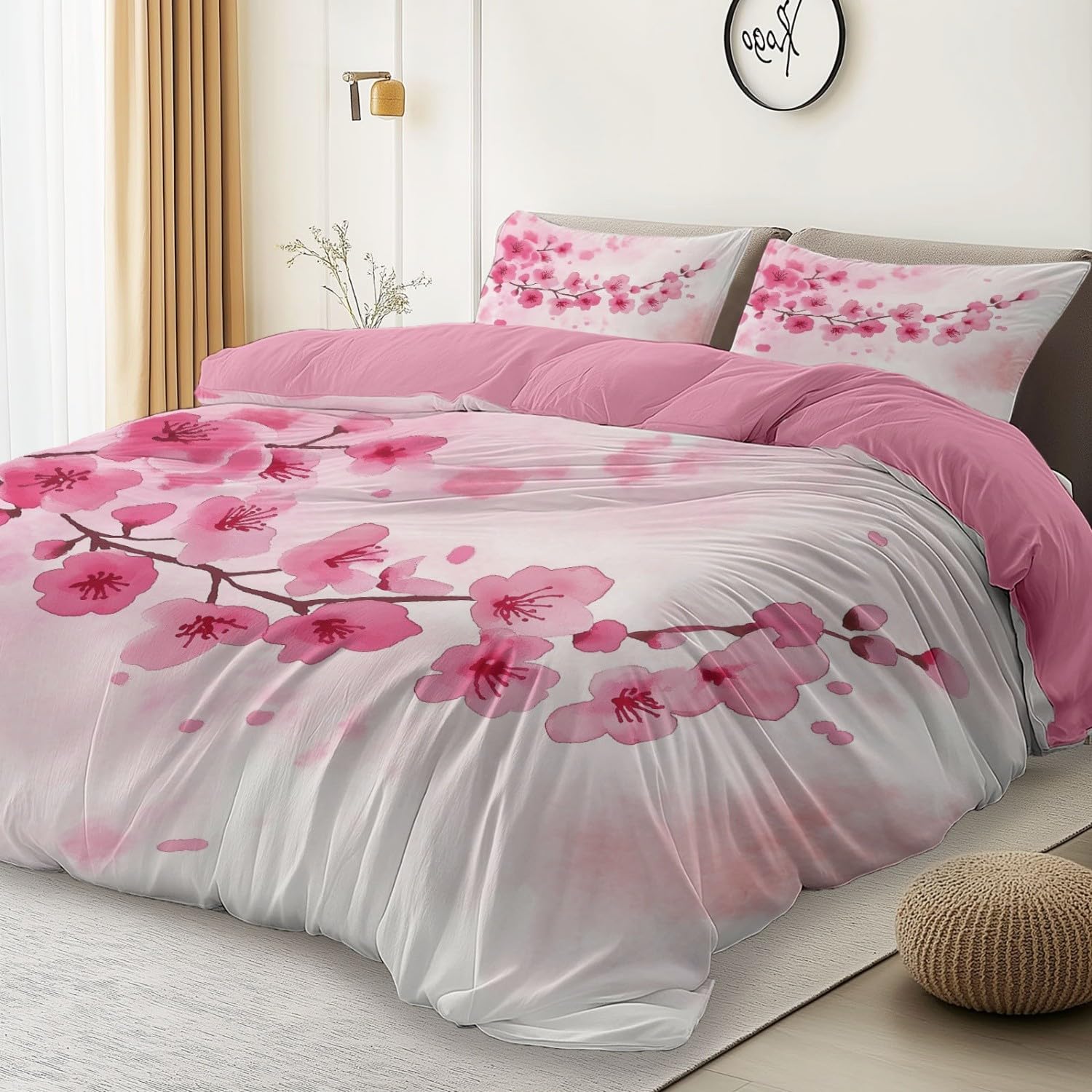 Duvet Cover 140 x 200 cm with 2 Pillowcases – Simple Cherry Blossom Design Reversible Watercolour – Adult Bedding Set Duvet Cover with Zips, Evening Primrose Powder - Image 4