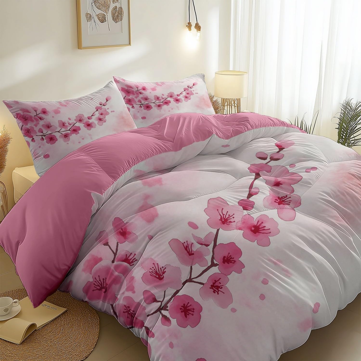 Duvet Cover 140 x 200 cm with 2 Pillowcases – Simple Cherry Blossom Design Reversible Watercolour – Adult Bedding Set Duvet Cover with Zips, Evening Primrose Powder - Image 5