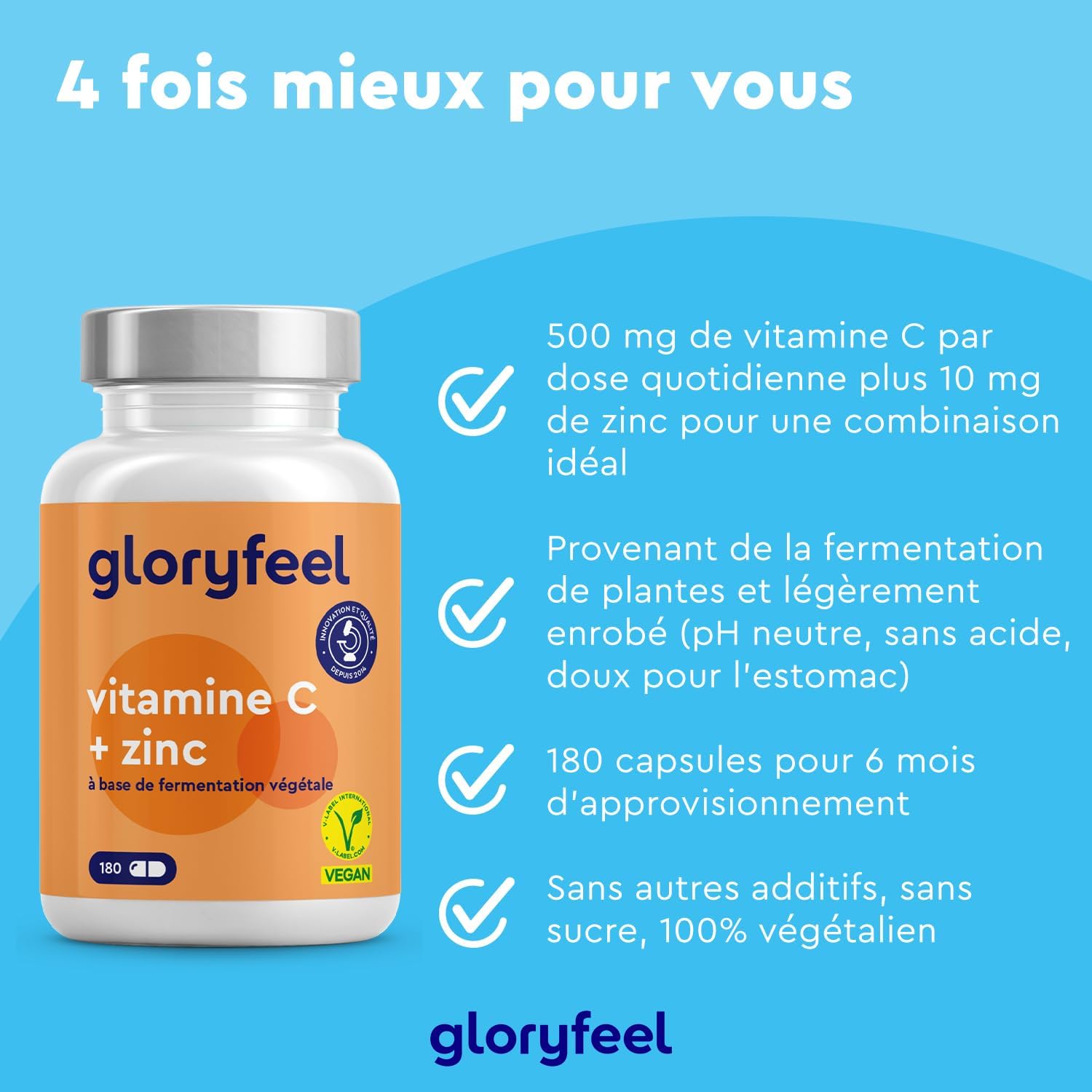 Vitamin C + Zinc Capsules, Highly Dosed with 500 mg of Pure Vitamin C per Dose, Supports Energy, Against Fatigue and Promotes the Immune System*, 100% Vegan, No Additives - Image 3