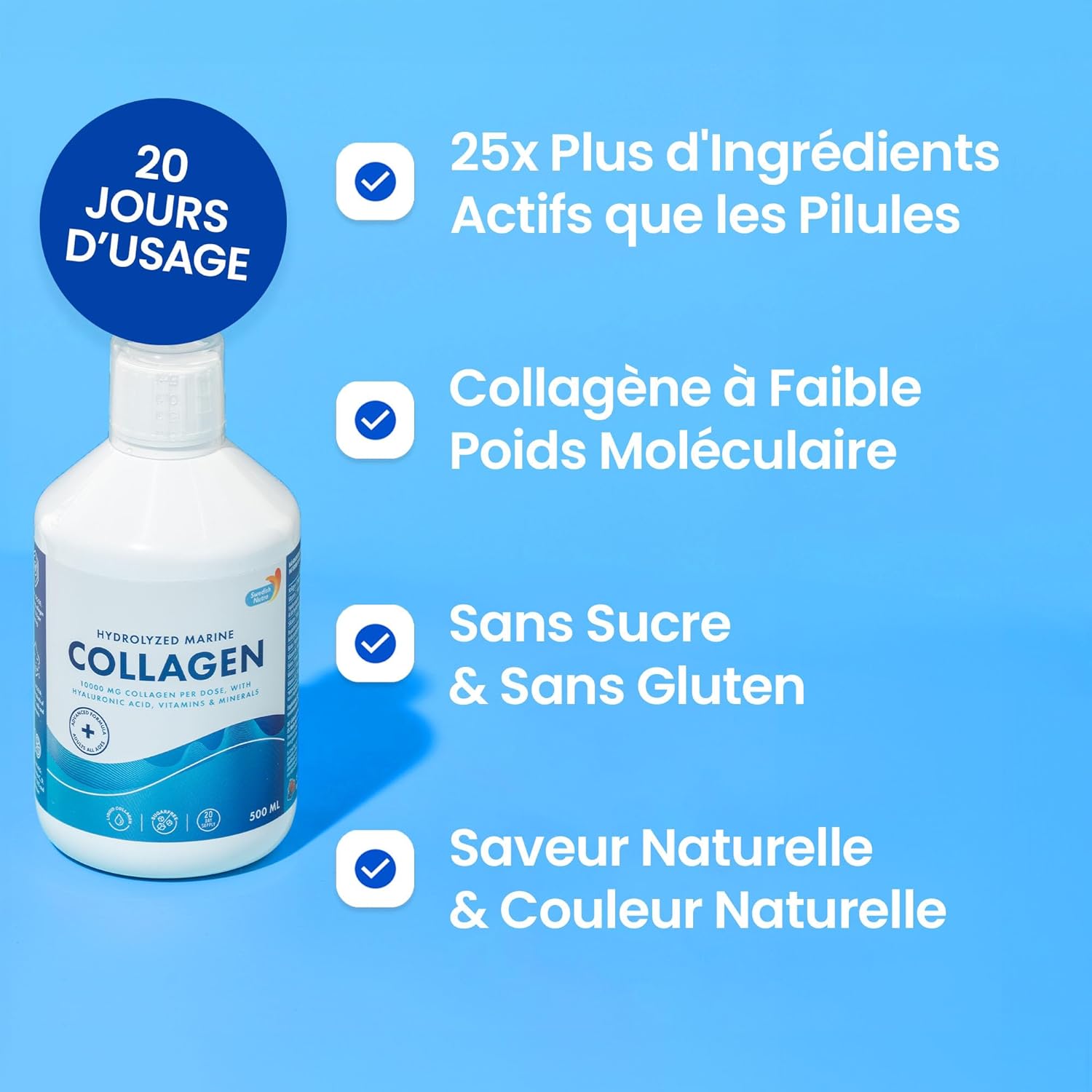 Swedish Nutra 10000mg Liquid Marine Collagen 500ml 20 Day Hyaluronic Acid Biotin Vitamin C Hair Skin Nails Joints Sugar Free for Men and Women - Image 5