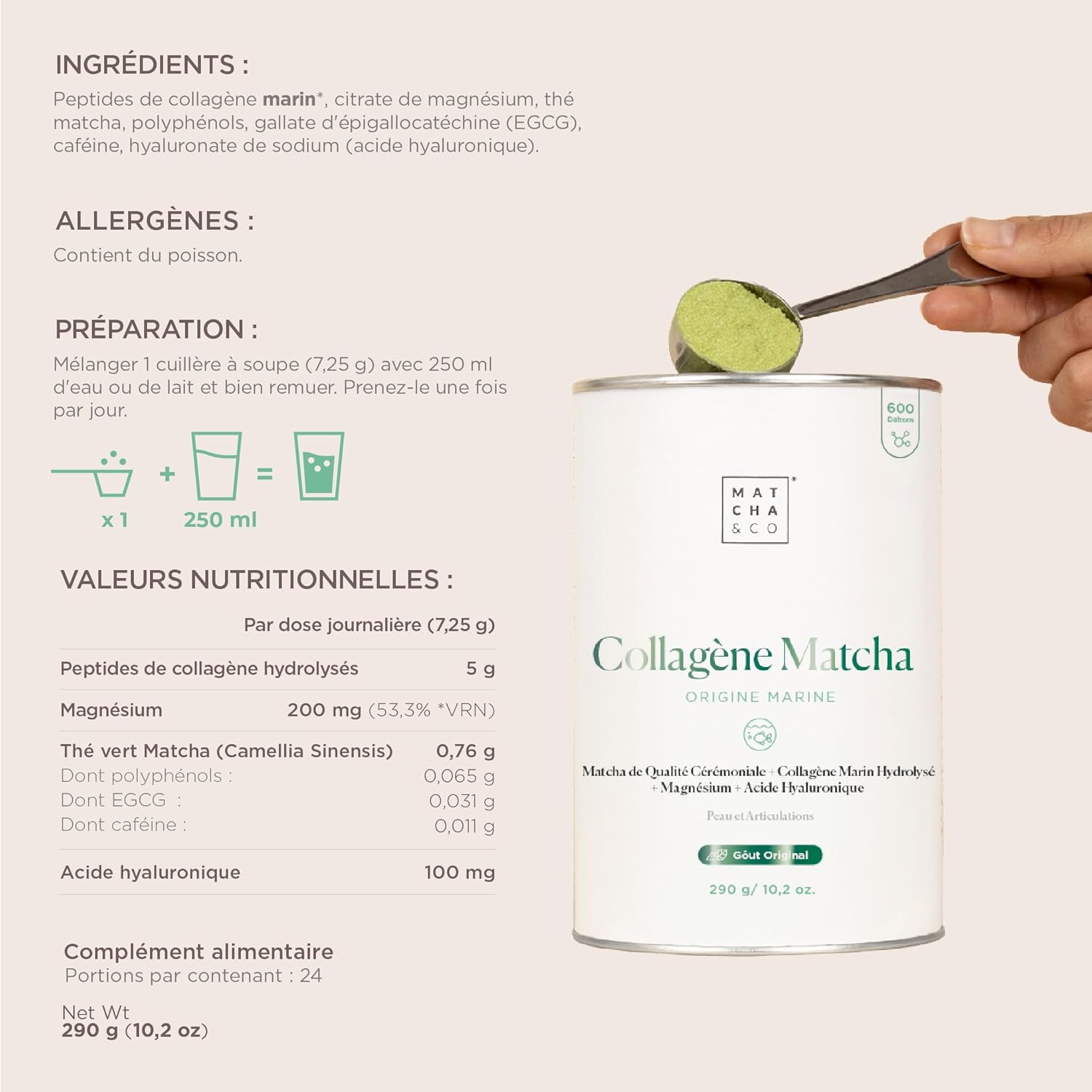 Matcha Collagen. Marine Collagen with Magnesium, Matcha Tea and Hyaluronic Acid. Matcha Lemon Flavour. Joints, Skin and Nails. 296 g. Matcha Collagen Powder (Matcha) - Image 5