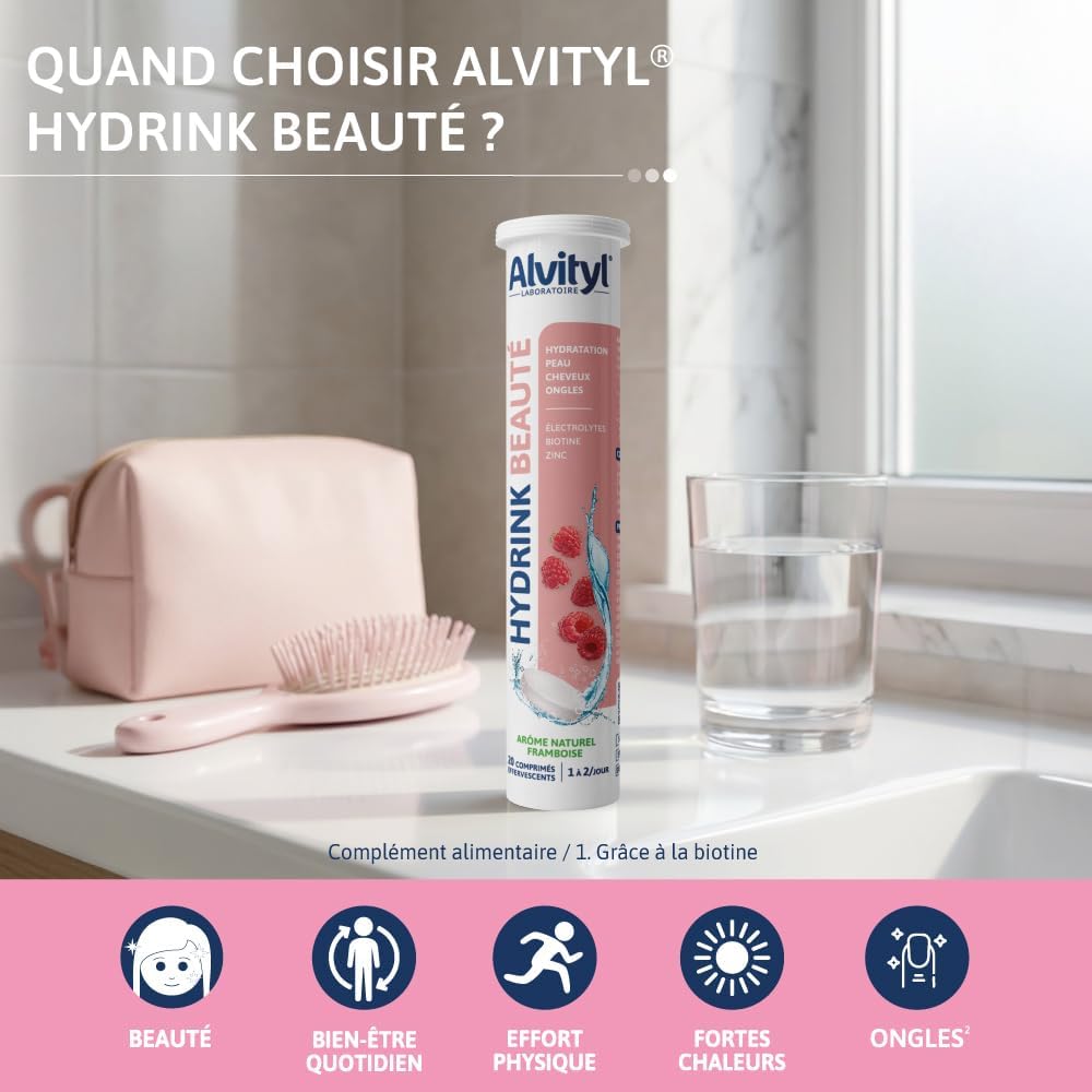 ALVITYL HYDRINK BEAUTY - Electrolytes - Biotin Zinc - Hydration, Skin, Hair, Nails - Effervescent Lozenges - Raspberry Flavour - 20 Effervescent Tablets - Image 3