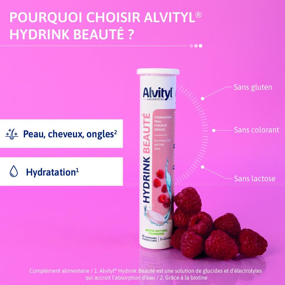 ALVITYL HYDRINK BEAUTY - Electrolytes - Biotin Zinc - Hydration, Skin, Hair, Nails - Effervescent Lozenges - Raspberry Flavour - 20 Effervescent Tablets - Image 4