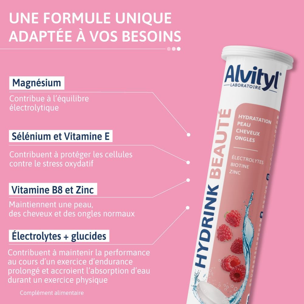 ALVITYL HYDRINK BEAUTY - Electrolytes - Biotin Zinc - Hydration, Skin, Hair, Nails - Effervescent Lozenges - Raspberry Flavour - 20 Effervescent Tablets - Image 6