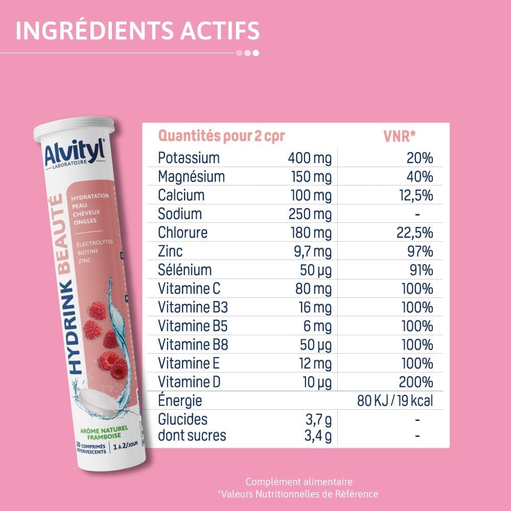 ALVITYL HYDRINK BEAUTY - Electrolytes - Biotin Zinc - Hydration, Skin, Hair, Nails - Effervescent Lozenges - Raspberry Flavour - 20 Effervescent Tablets - Image 8