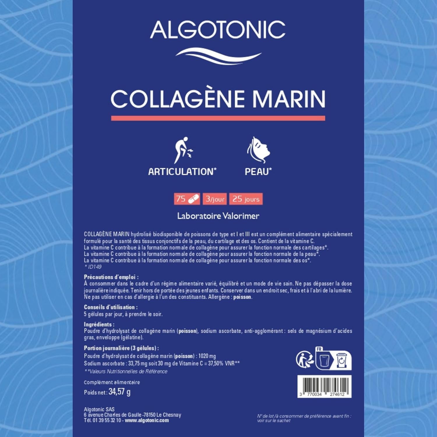 Hydrolyzed Marine Collagen + Vitamin C - 75 Capsules - 1020 mg/day - 25 day course - Type I and III - Skin, Cartilage, Bones and Muscles - Image 7