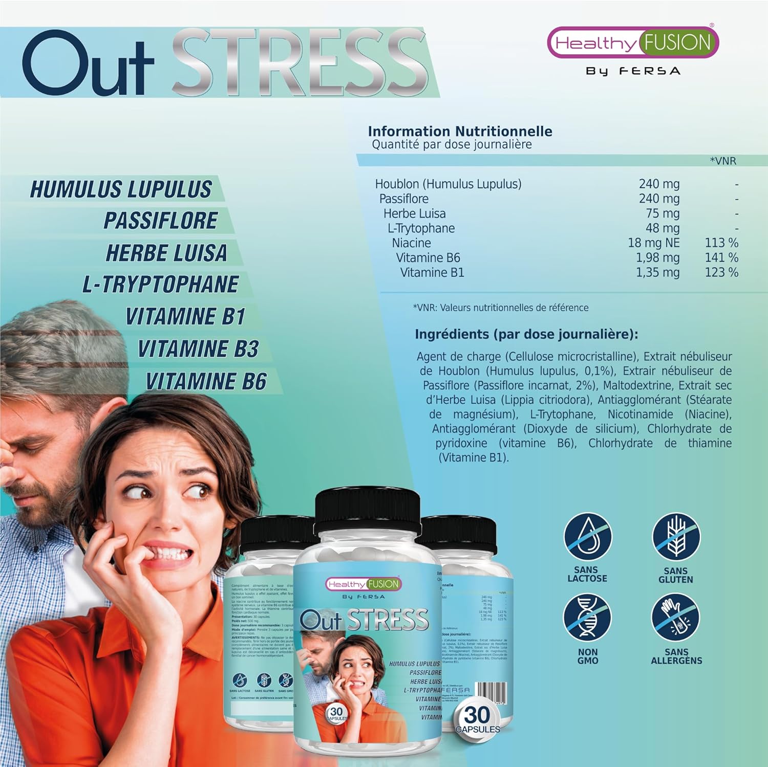 NO + STRESS | Relaxant naturel | Tryptophane avec Passiflore et Vitamines B6 B3 et B1 | Calme les nerfs, le stress et l'anxiété | Améliore la concentration | Contribue à un bon bien-être | 30 Caps. - Image 7