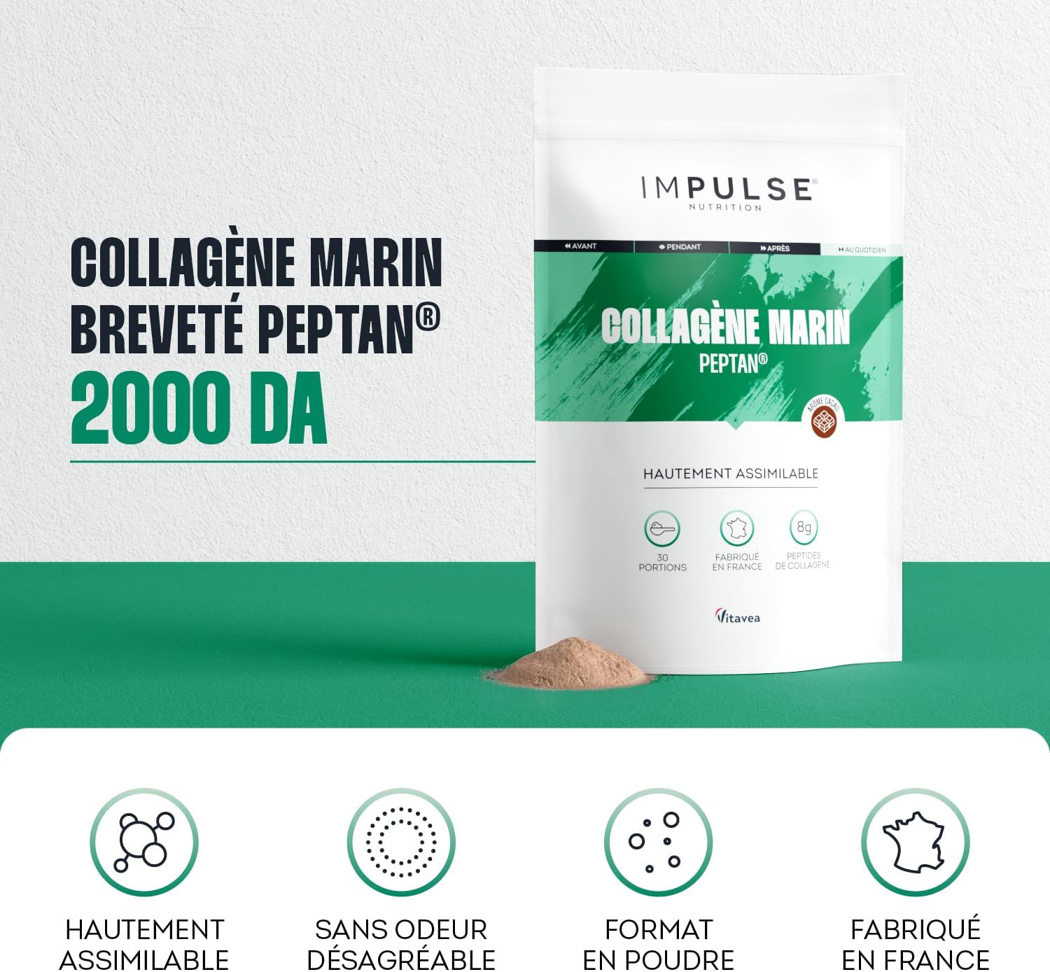 Impulse Nutrition - Hydrolyzed Marine Collagen Type 1 Peptan Powder with Vitamin C - Food Supplement Recovery, Joints & Skin - 270g - Chocolate Flavour - Made in France - Image 5