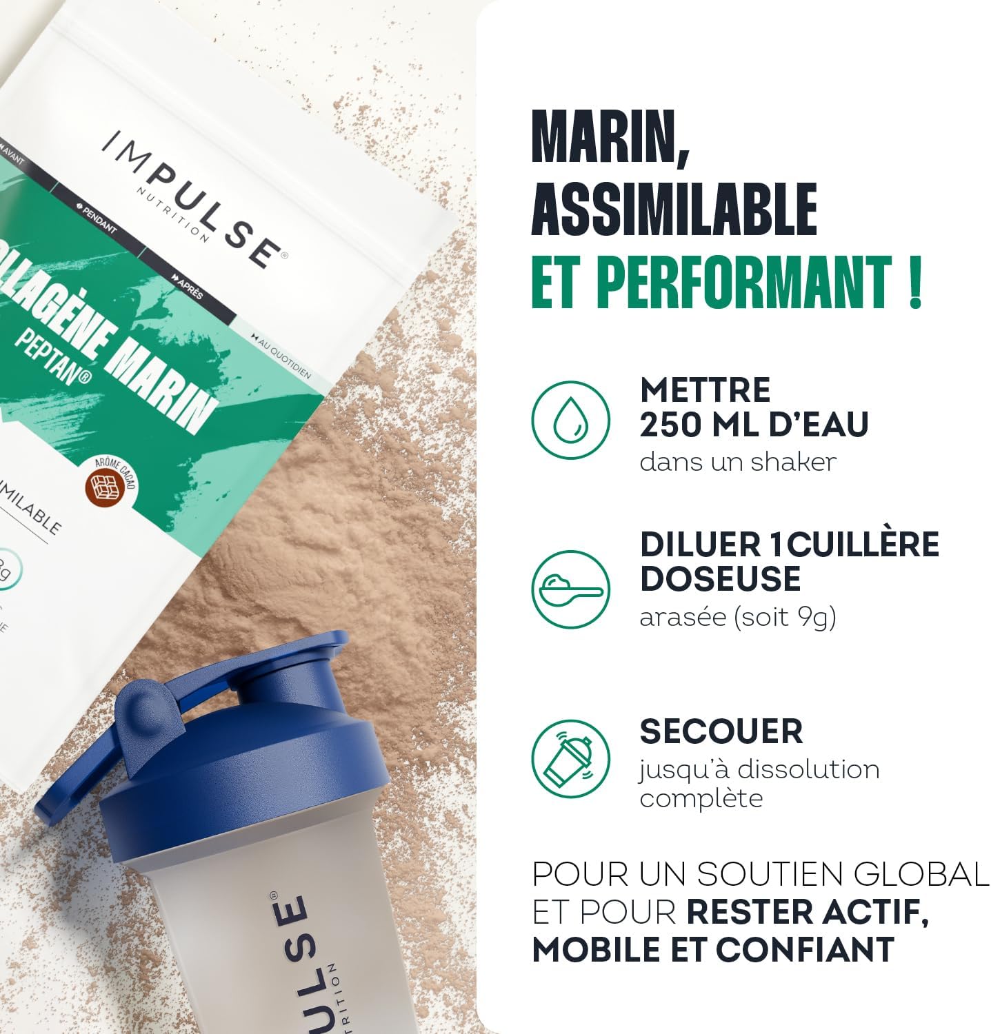 Impulse Nutrition - Hydrolyzed Marine Collagen Type 1 Peptan Powder with Vitamin C - Food Supplement Recovery, Joints & Skin - 270g - Chocolate Flavour - Made in France - Image 6