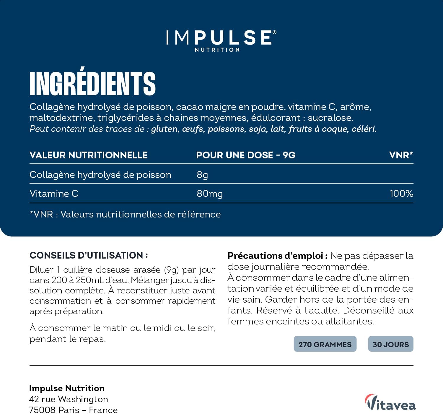 Impulse Nutrition - Hydrolyzed Marine Collagen Type 1 Peptan Powder with Vitamin C - Food Supplement Recovery, Joints & Skin - 270g - Chocolate Flavour - Made in France - Image 9