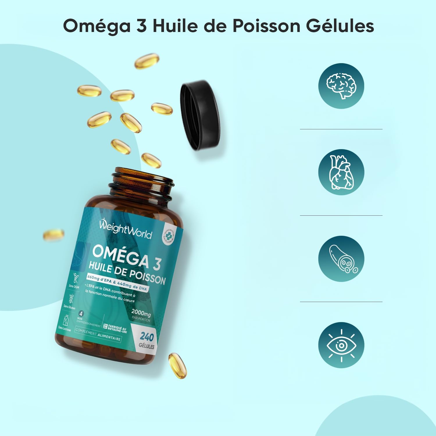 Duo Pack - Probiotic & Omega 3 Fish Oil - Complex with 77 billion CFU per serving 60 Capsules, 20 Strains Probiotics and Prebiotics (FOS and Inulin) - Omega 3 DHA and EPA 240 Capsules - Image 3