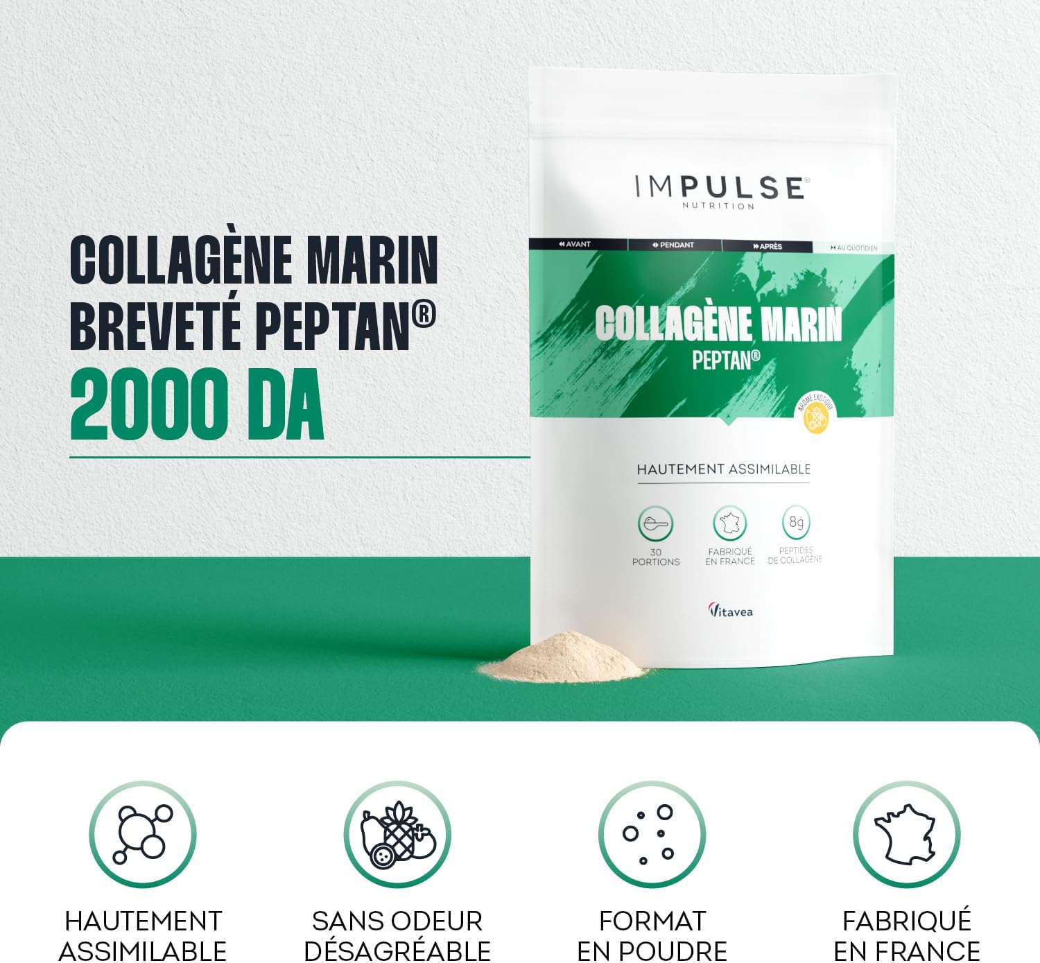 Impulse Nutrition - Hydrolyzed Marine Collagen Type 1 Peptan Powder with Vitamin C - Food Supplement Recovery, Joints & Skin - 270g - Exotic taste - Made in France - Image 5