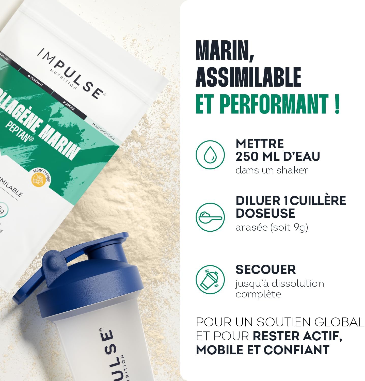 Impulse Nutrition - Hydrolyzed Marine Collagen Type 1 Peptan Powder with Vitamin C - Food Supplement Recovery, Joints & Skin - 270g - Exotic taste - Made in France - Image 6