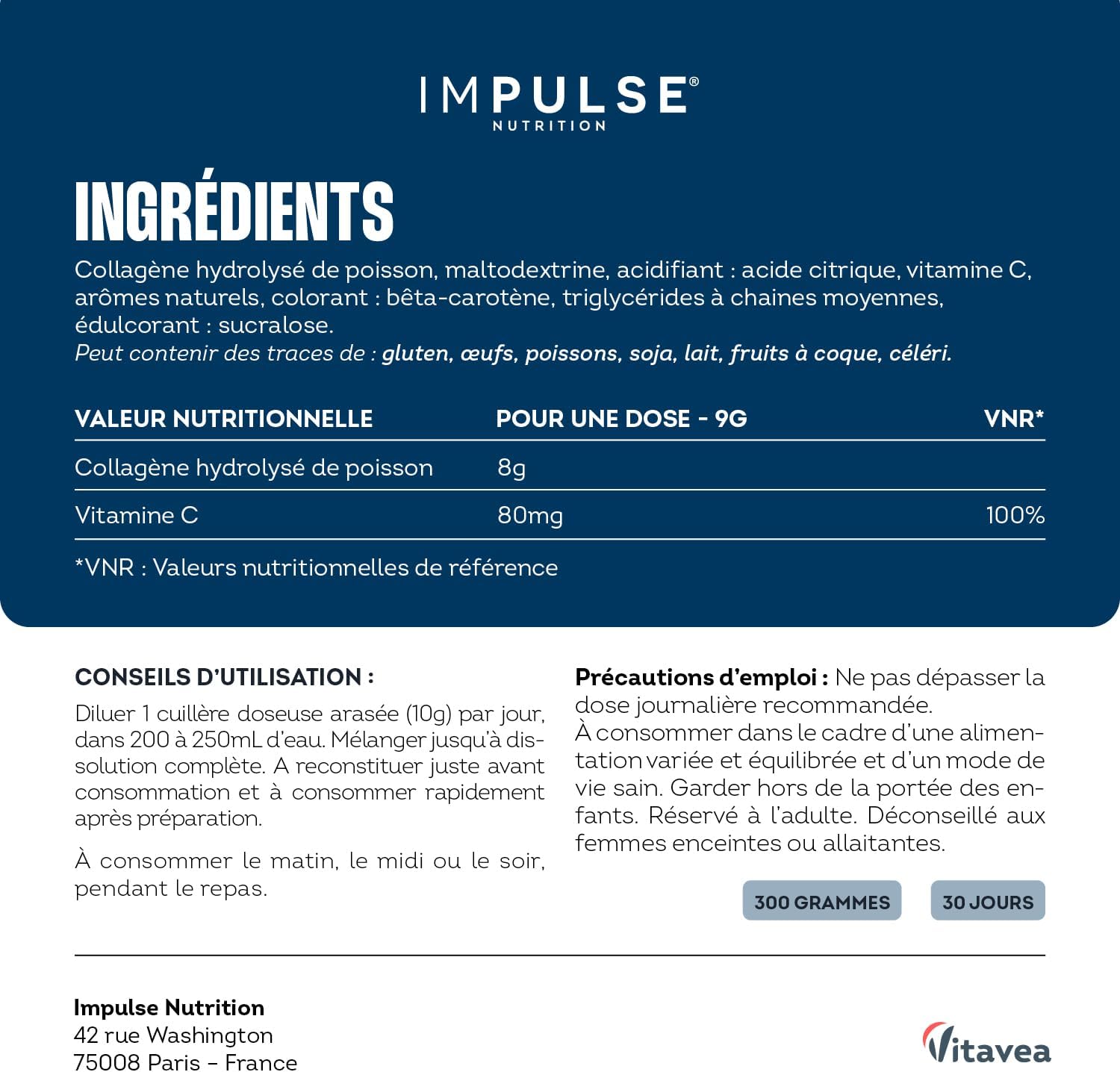Impulse Nutrition - Hydrolyzed Marine Collagen Type 1 Peptan Powder with Vitamin C - Food Supplement Recovery, Joints & Skin - 270g - Exotic taste - Made in France - Image 9