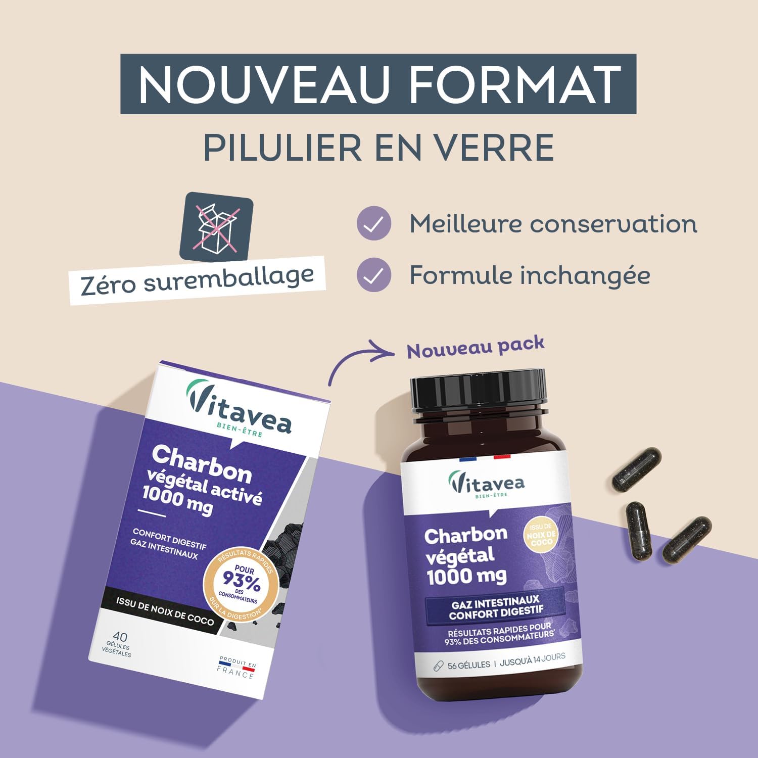 Vitavea Wellness – Vegetable Charcoal 1000 mg – Digestive Comfort Food Supplement – Bloating, Intestinal Gas, Digestive Wellness – 40 Capsules – 14 Day Treatment – Made in France - Image 3