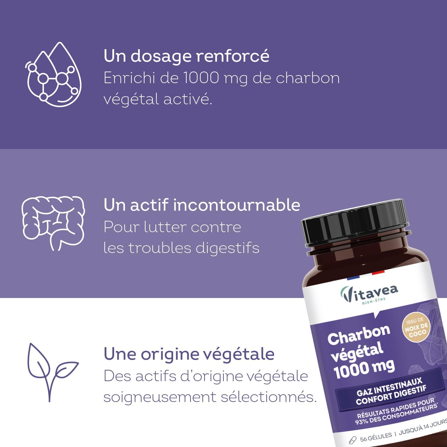 Vitavea Wellness – Vegetable Charcoal 1000 mg – Digestive Comfort Food Supplement – Bloating, Intestinal Gas, Digestive Wellness – 40 Capsules – 14 Day Treatment – Made in France - Image 5