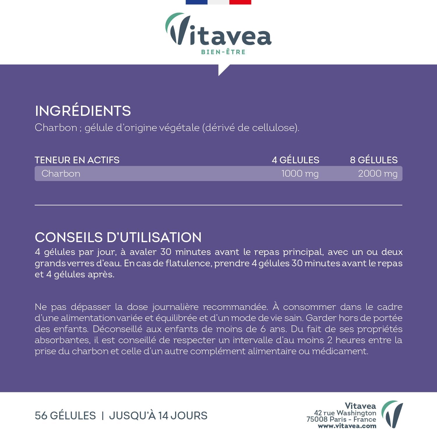 Vitavea Wellness – Vegetable Charcoal 1000 mg – Digestive Comfort Food Supplement – Bloating, Intestinal Gas, Digestive Wellness – 40 Capsules – 14 Day Treatment – Made in France - Image 8
