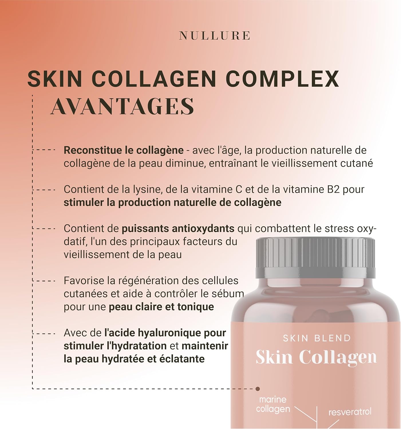 Marine Collagen and Hyaluronic Acid | Nullure | 120 Capsules | Natural Anti-Wrinkle Formula + Vitamin C + Marine Magnesium + Resveratrol + Coenzyme Q10 | No Excipient - Image 3