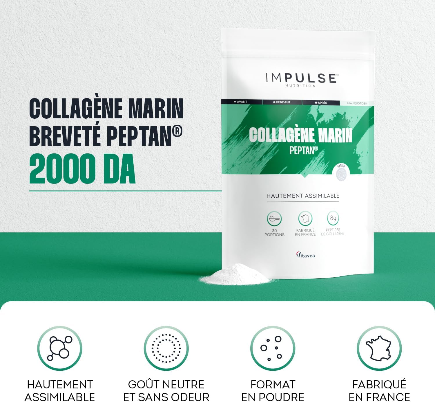 Impulse Nutrition - Hydrolyzed Marine Collagen Type 1 Peptan Powder with Vitamin C - Food Supplement Recovery, Joints & Skin - 270g - Neutral taste - Made in France - Image 5