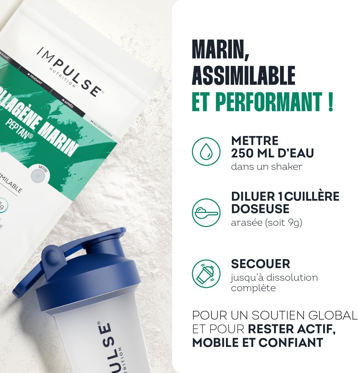 Impulse Nutrition - Hydrolyzed Marine Collagen Type 1 Peptan Powder with Vitamin C - Food Supplement Recovery, Joints & Skin - 270g - Neutral taste - Made in France - Image 6