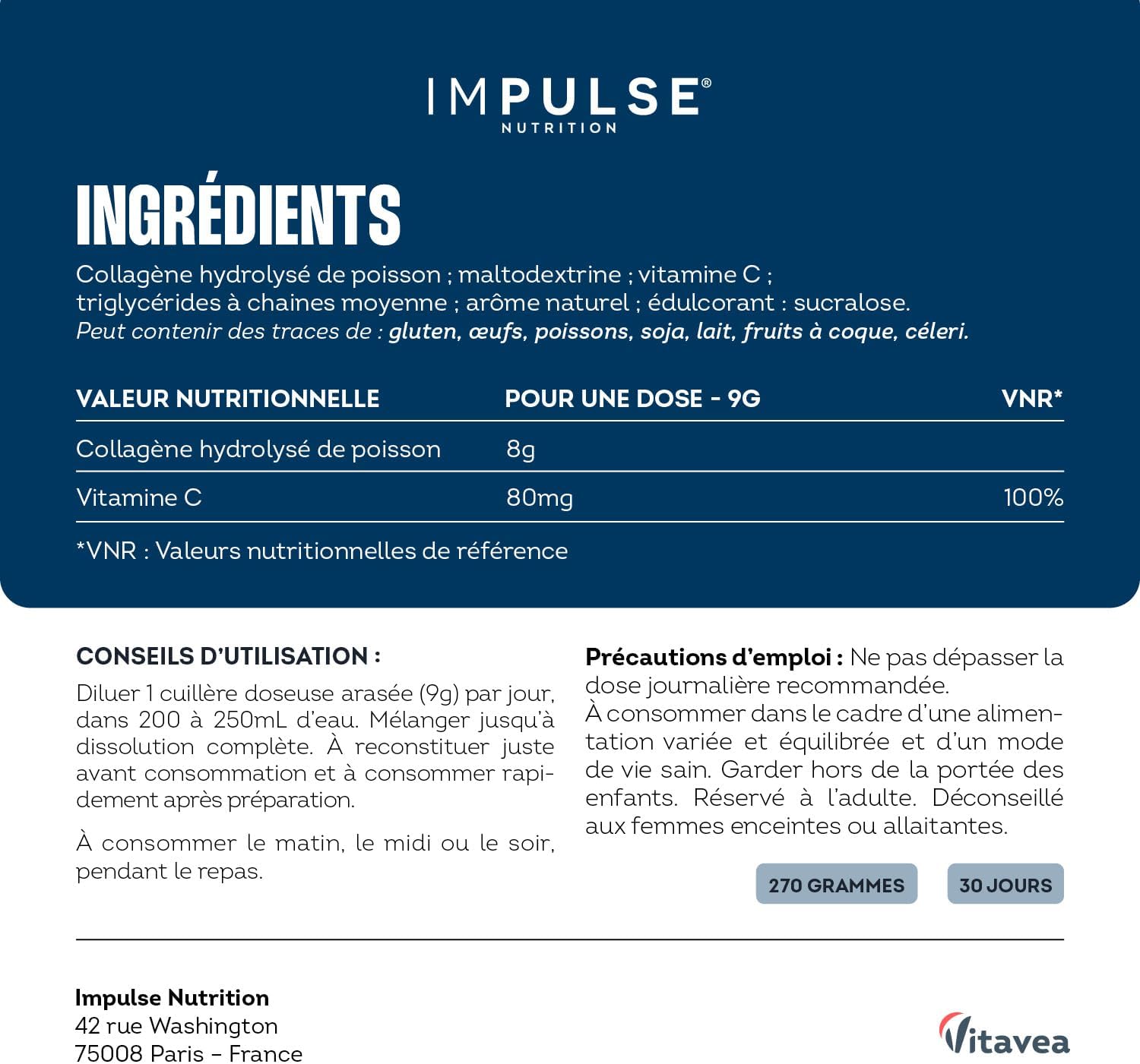 Impulse Nutrition - Hydrolyzed Marine Collagen Type 1 Peptan Powder with Vitamin C - Food Supplement Recovery, Joints & Skin - 270g - Neutral taste - Made in France - Image 9